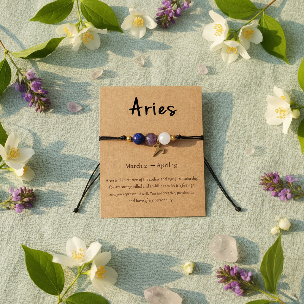 Aries zodiac bracelet in pale mint green with natural stones