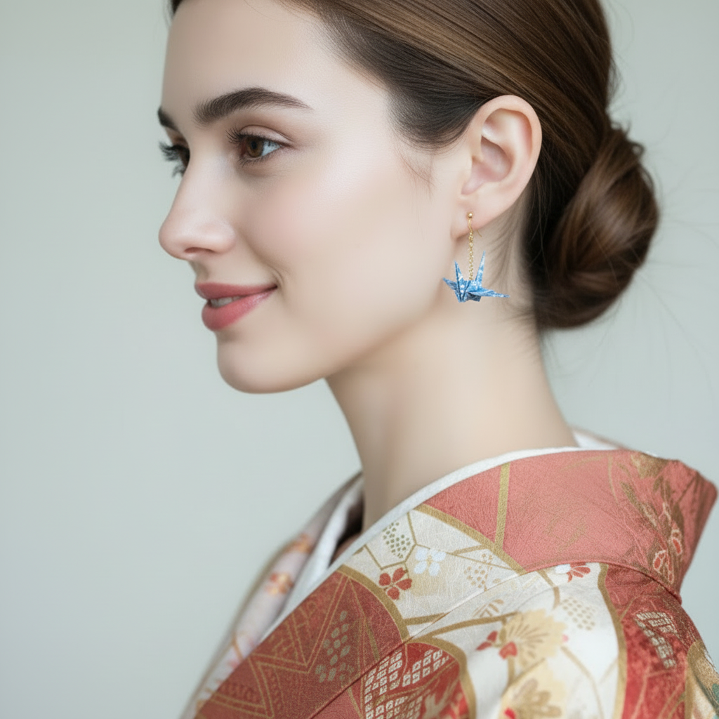 Blue Yuzen washi origami crane earrings