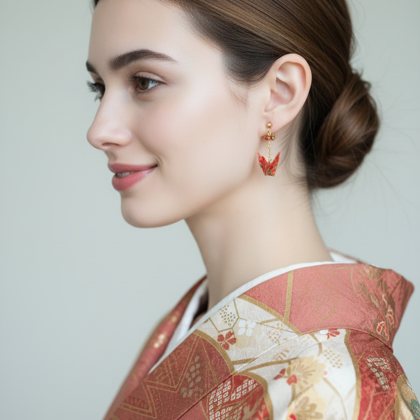 Japanese origami crane earrings made from red Yuzen washi paper