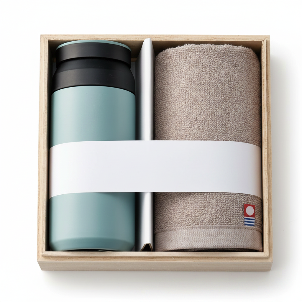 Japanese Imabari towel and blue stainless steel bottle gift set neatly packed in a box