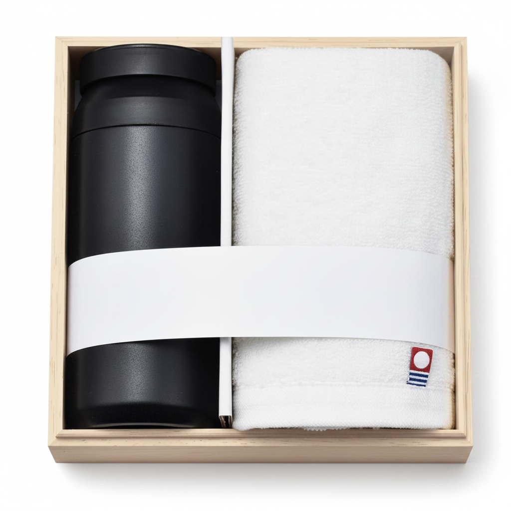 Japanese Imabari towel and black stainless steel bottle gift set neatly packed in a box