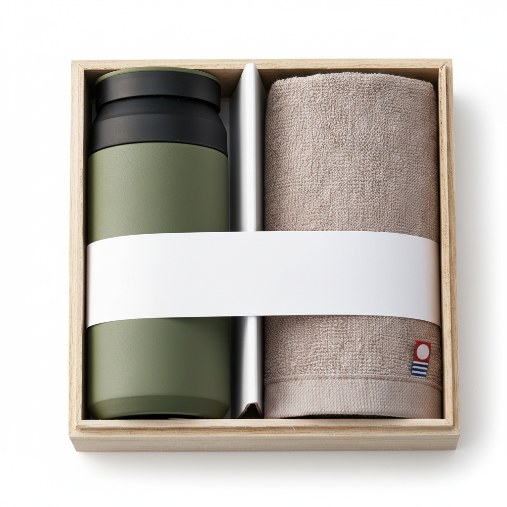 Japanese Imabari towel and green stainless steel bottle gift set neatly packed in a box