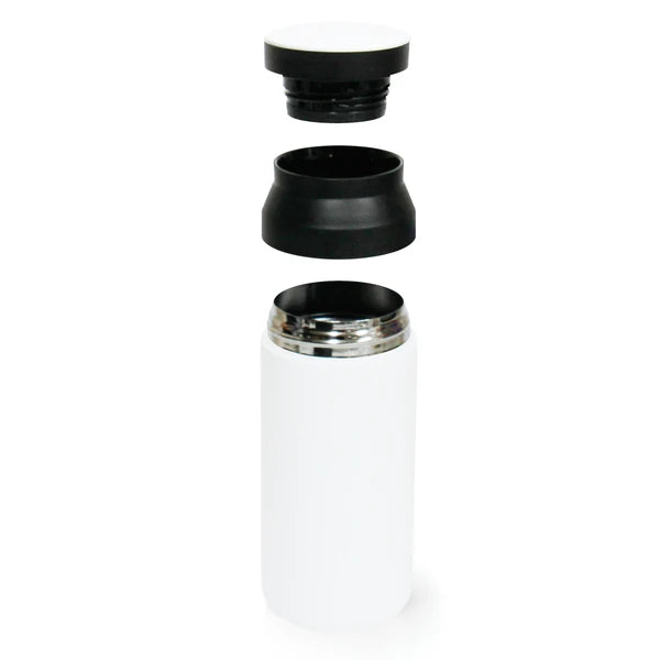 Side view showing the components of a Japanese Imabari towel and stainless steel bottle gift set