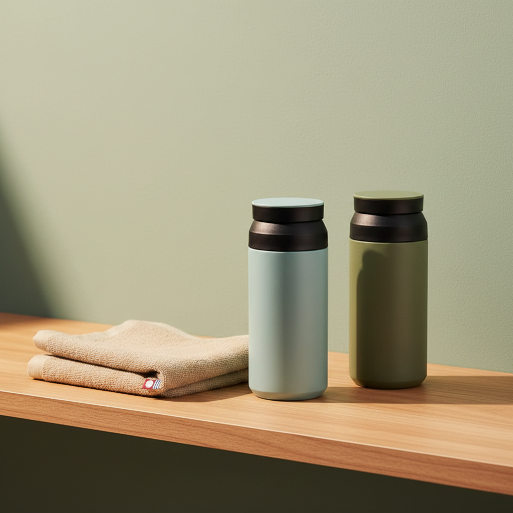 Japanese Imabari towel and stainless steel bottle arranged together