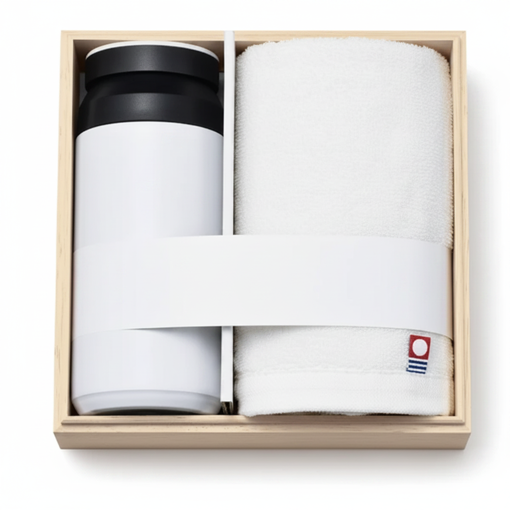 Japanese Imabari towel and white stainless steel bottle gift set neatly packed in a box
