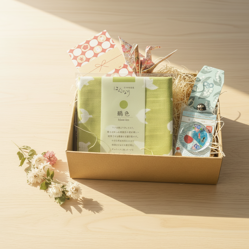 Japanese mystery gift box with green hiwa-iro furoshiki, origami crane and Mt Fuji chopstick rest, handpicked in Osaka Japan