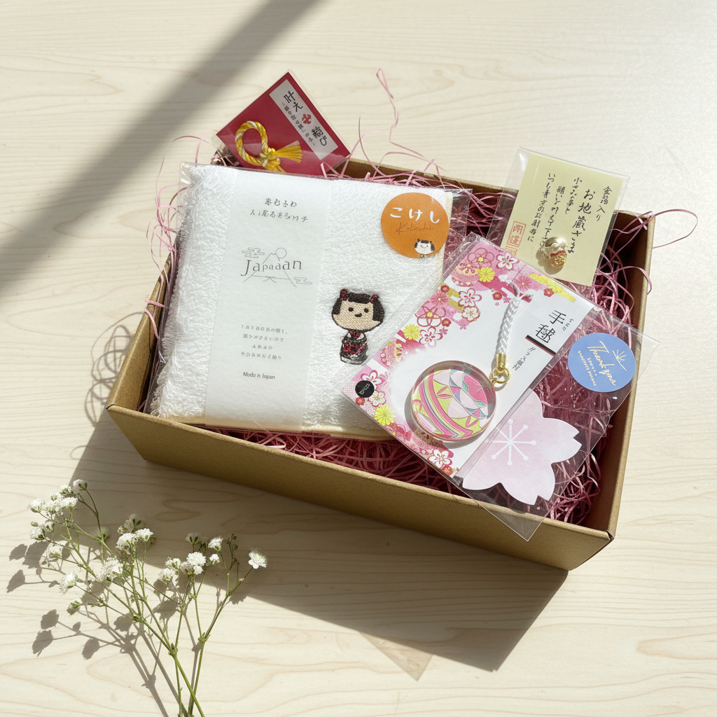 Japanese mystery gift box with kokeshi embroidered towel and temari ball keychain, handpicked in Osaka Japan