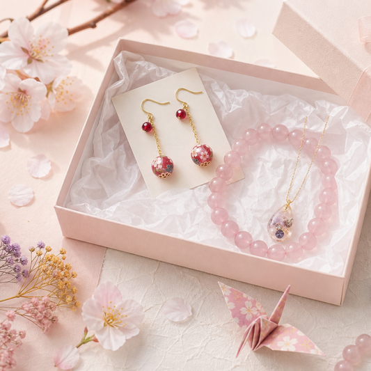 Japanese jewelry mystery box with assorted earrings, bracelet, and necklace