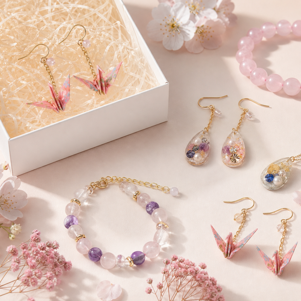Japanese-inspired earrings and natural stone bracelet mystery gift set