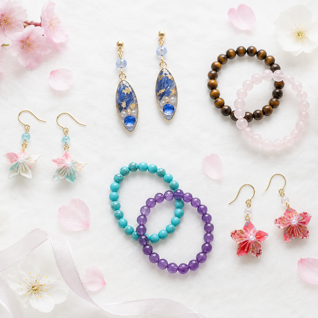 Japanese jewelry gift set with origami earrings and natural stone accessories