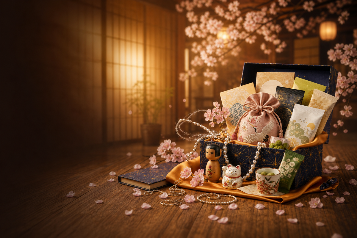 Open Japanese mystery box with embroidered pouch, kokeshi doll, and 
maneki-neko lucky cat, surrounded by cherry blossoms