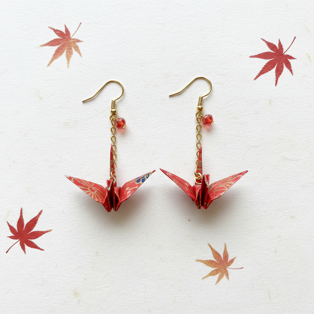 Japanese origami crane earrings made from red Yuzen washi paper