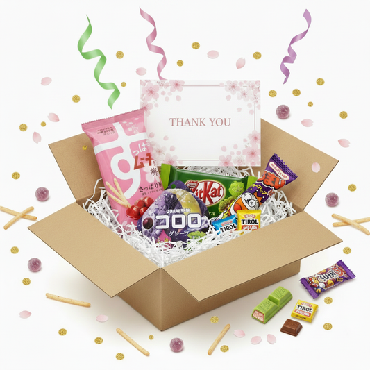 Japanese snack set in a gift box with KitKat, gummy candy, Tirol chocolate, Umaibo, and Suppamucho, shipped from Japan