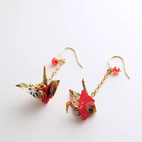 Japanese origami crane earrings made from red Yuzen washi paper