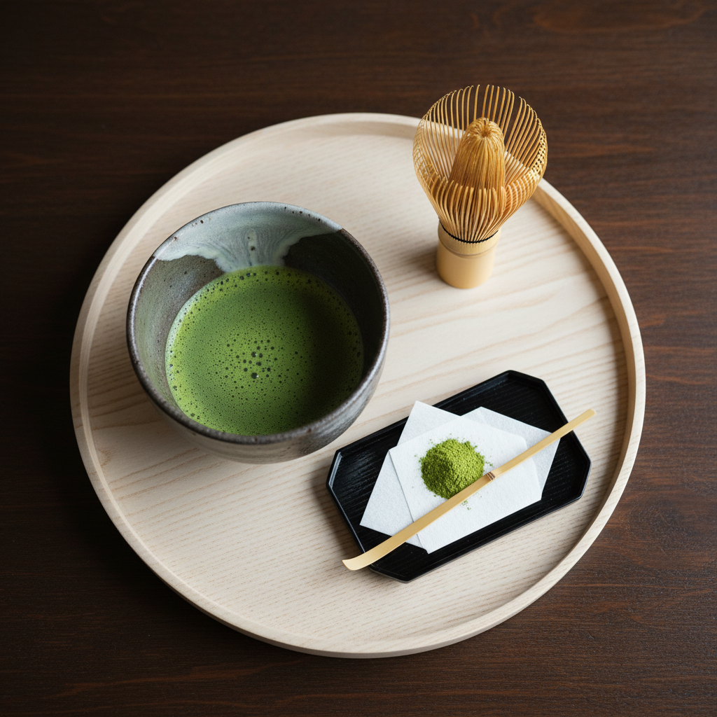 Japanese matcha ceramic set styled with a bowl of prepared matcha tea