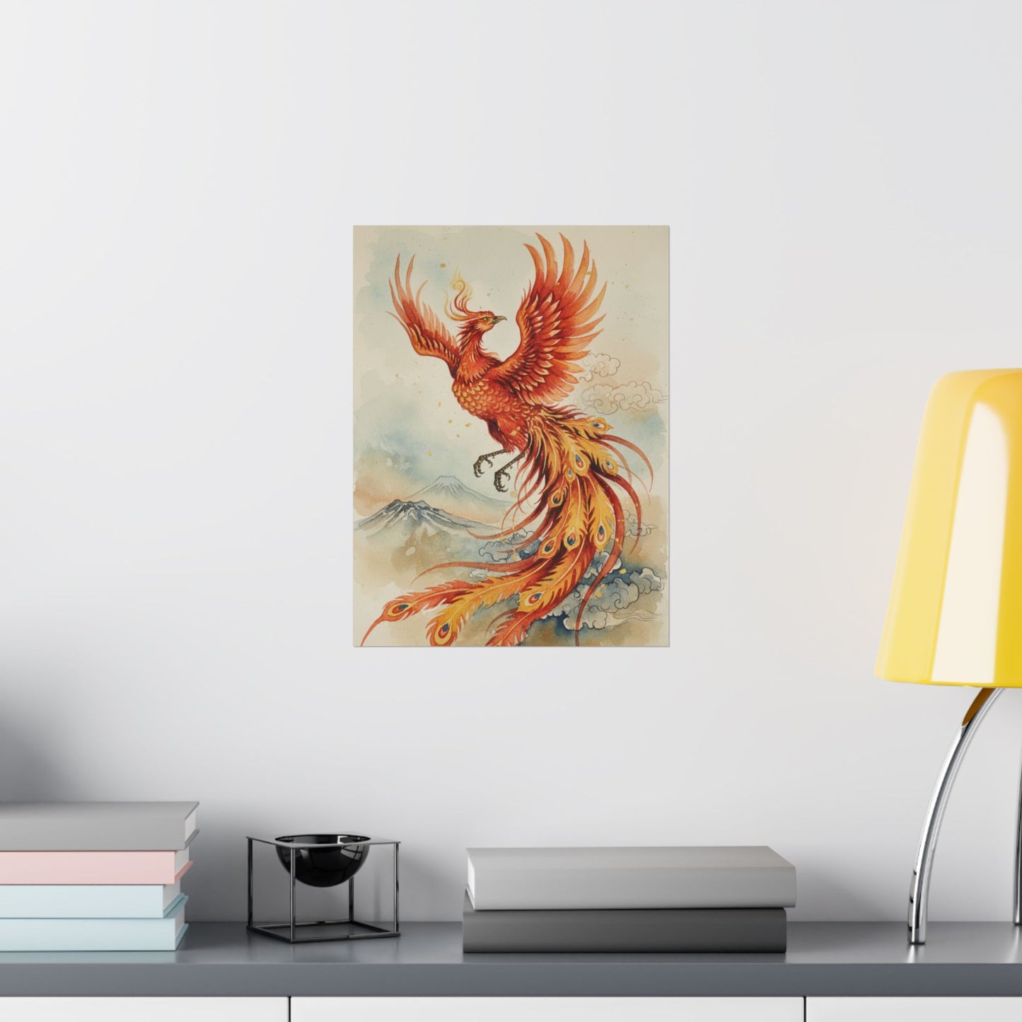 Museum-quality matte poster featuring mythical phoenix in watercolor