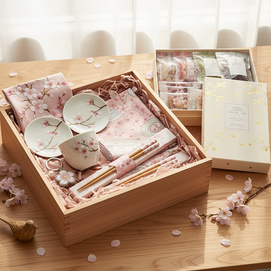 Japanese seasonal items with cherry blossom pattern