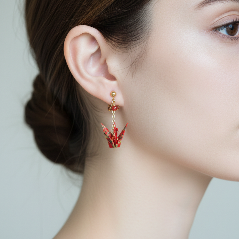 Japanese origami crane earrings made from red Yuzen washi paper